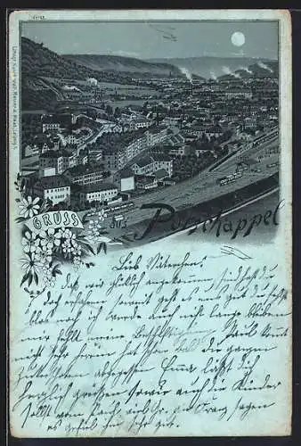 Mondschein-Lithographie Potschappel, Ortsansicht bei Nacht