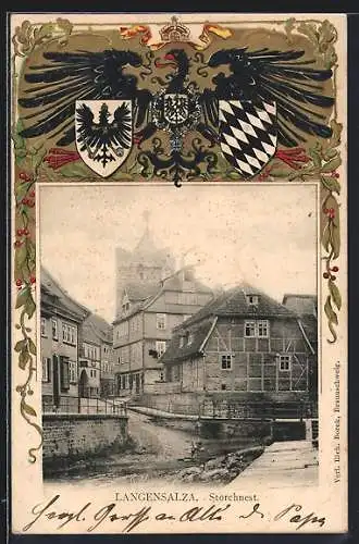 Passepartout-Lithographie Langensalza, Strassenpartie mit Blick zum Storchnest, Wappen