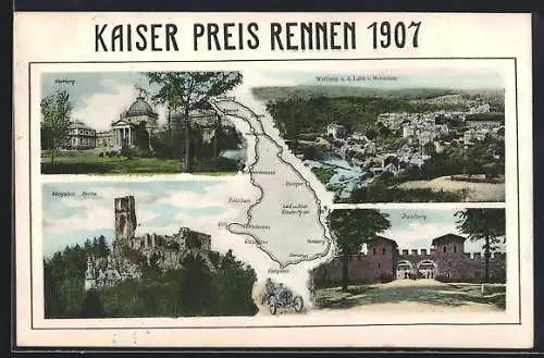 AK Weilburg, Autorennen Kaiser Preis Rennen 1907, Karte der Strecke mit Blick auf Weilburg, Saalburg u. Königstein