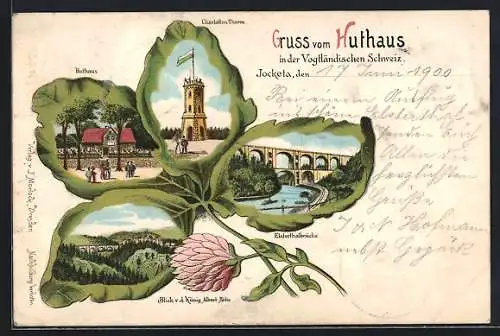 Passepartout-Lithographie Jocketa, Gasthof Huthaus, Charlotten-Thurm, Ansichten auf Kleeblatt