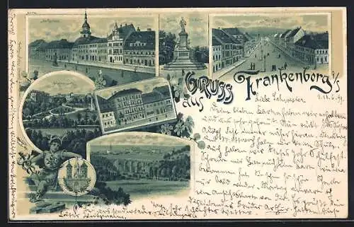 Lithographie Frankenberg i. Sa., Marktplatz und Schlossstrasse