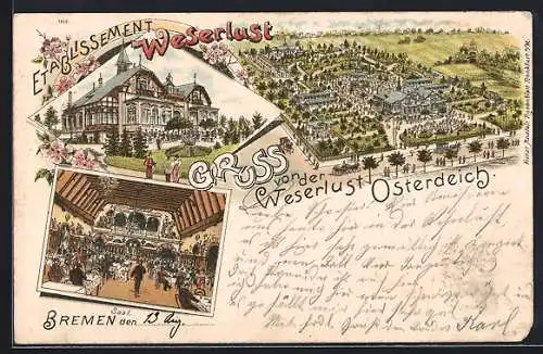 Lithographie Bremen, Etablissement Weserlust, Gasthaus Osterdeich