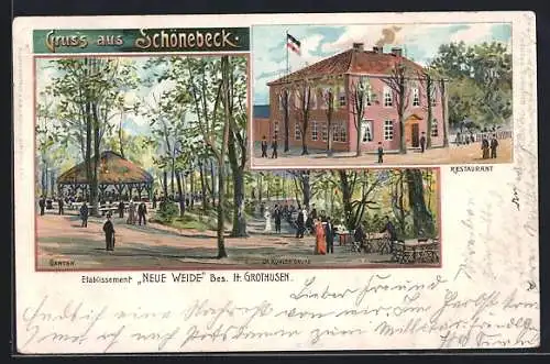 Lithographie Schönebeck / Vegesack, Restaurant Neue Weide mit Gartenlokal