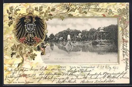 Passepartout-Lithographie Soest, Teich im Schützenhof u. Adler mit Wappen