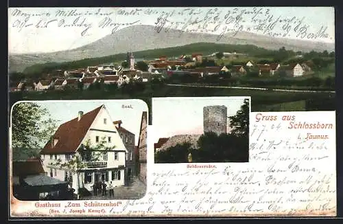 AK Schlossborn i. Taunus, Gasthaus Zum Schützenhof v. J. Joseph Kempf, Schlosruine, Gesamtansicht