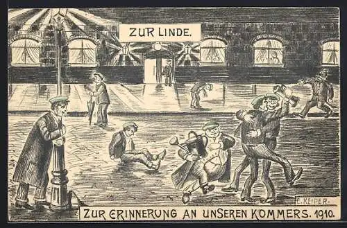 Künstler-AK Usingen, Studenten feiern ihren Kommers vor dem Gasthaus zur Linde, 1910