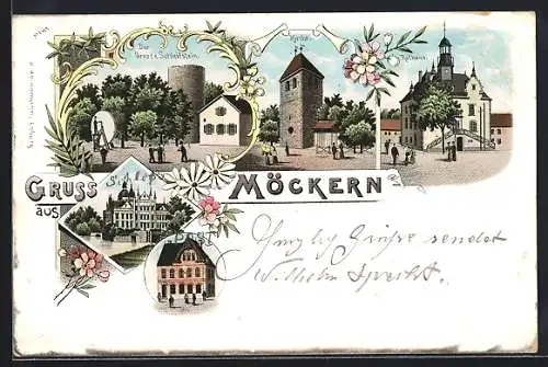 Lithographie Möckern / Magdeburg, Der grosse Schleifstein, Kirche, Rathaus, Schloss