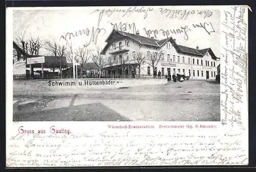 AK Gauting, Würmbad-Restaurant von Gg. Schumann mit Strassenpartie