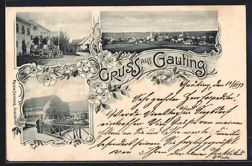 AK Gauting, Gasthaus von Joseph H. mit Strassenpartie, Totalansicht