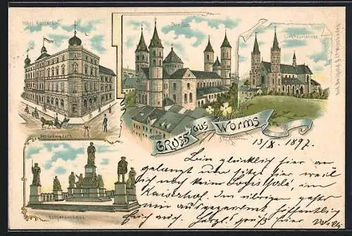 Lithographie Worms, Hotel Kaiserhof, Bes. Ludwig Koch, Lutherdenkmal, Dom und Liebfrauenkirche