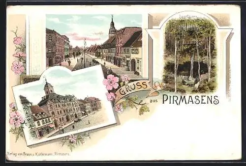 Lithographie Pirmasens, Strassenpartie mit Geschäften und Passanten, Bärenfelsen