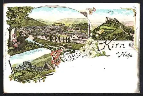 Lithographie Kirn a. Nahe, Kyburg, Panoramablick auf den Ort