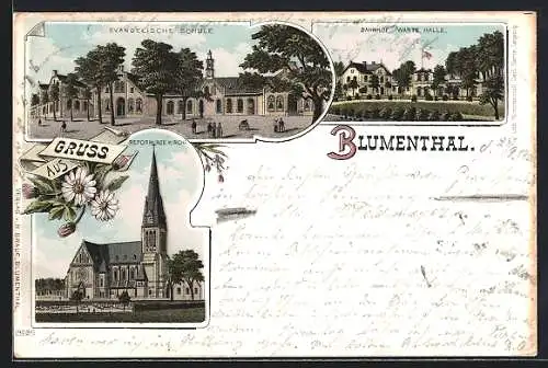 Lithographie Blumenthal / Bremen, Bahnhof mit Wartehalle, Evangelische Schule, Reformierte Kirche