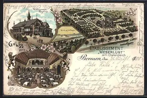 Lithographie Bremen, Gasthaus Etablissement Weserlust am Osterdeich