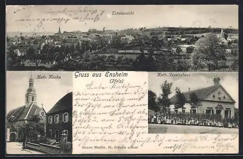 AK Ensheim / Pfalz, Ortsansicht, Blick auf kath. Kirche und kath. Vereinshaus