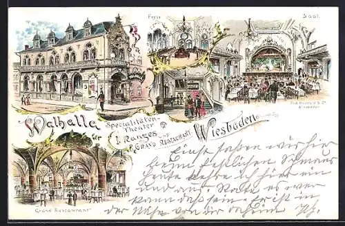 Lithographie Wiesbaden, Spezialitäten-Theater Walhalla, Foyer, Saal, Restaurant