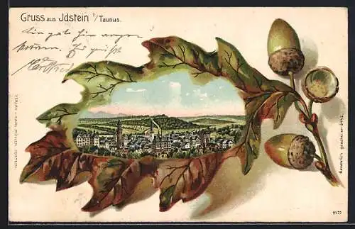 Passepartout-Lithographie Deggendorf, Teilansicht von Hallerkeller im Eichenblatt