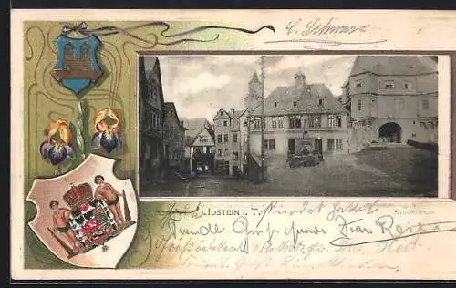 Passepartout-Lithographie Idstein i. T., Strassenpartie mit Denkmal, Wappen und Schwertlilien