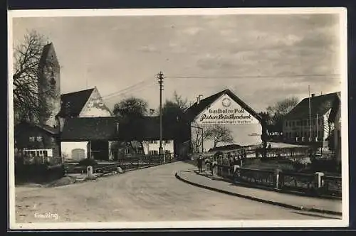 AK Gauting, Gasthof zur Post mit Strassenpartie und Kirche