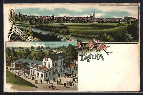 Lithographie Taucha, Gasthaus Schützenhaus, Ortsansicht, Pferdekutsche