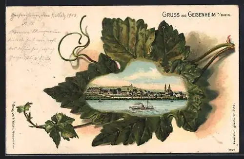 Passepartout-Lithographie Geisenheim, Ortsansicht mit Rhein, Weinblatt