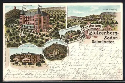 Lithographie Soden-Salmünster, Sanatorium Stolzenberg, Kurhaus und Solbad, Villa Vitriarius mit Salzsprudel