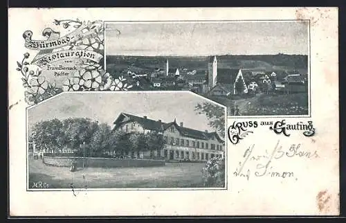 AK Gauting, Würmbad-Restaurant von Franz Biersack, Ortsansicht aus der Vogelschau