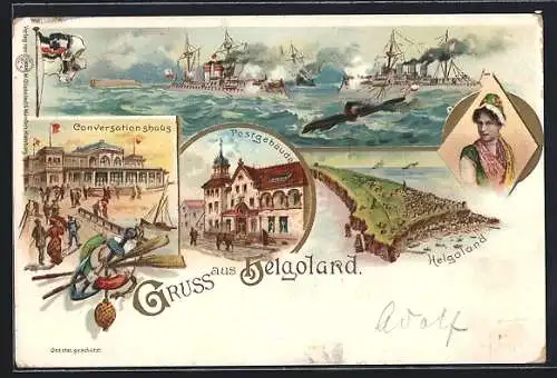 Lithographie Helgoland, Postgebäude, Conversationshaus, Frau in Tracht, Kriegsmarine