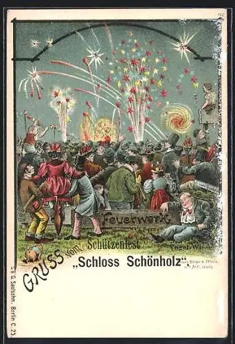 Lithographie Dresden, Vogelwiese, Nächtliches Feuerwerk