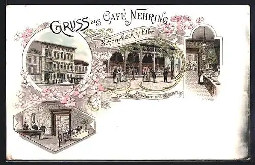 Lithographie Schönebeck a. Elbe, Das Café Nehring mit Innenansichten