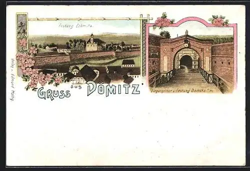 Lithographie Dömitz, Festung mit Eingangstor