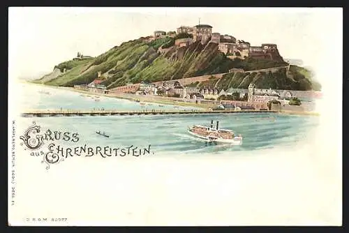 Lithographie Ehrenbreitstein, Totalansicht mit Dampfer, Halt gegen das Licht: beleuchtete Fenster