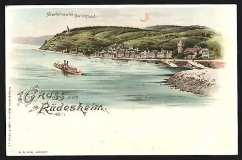 Lithographie Rüdesheim / Rhein, Ortsansicht mit Rheindampfer, Halt gegen das Licht: beleuchtete Fenster