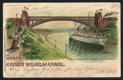 Lithographie Holtenau, Kaiser Wilhelm Kanal, S.M. Yacht Hohenzollern, Leuchtender Mond bei Halt gegen das Licht