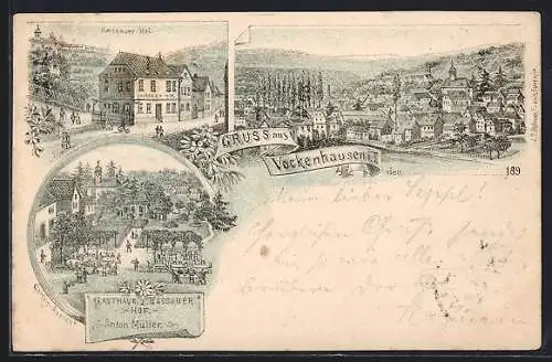 Vorläufer-Lithographie Vockenhausen, 1895, Gasthaus zum Nassauer Hof von Anton Müller, Ortsansicht