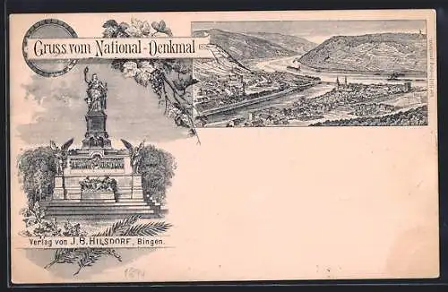 Vorläufer-Lithographie Bingen, 1894, Panoramablick auf Ort und Rhein, National-Denkmal auf dem Niederwald