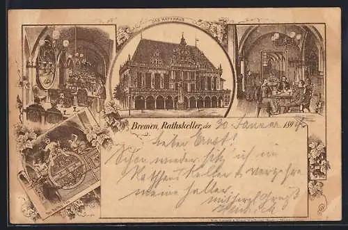 Vorläufer-Lithographie Bremen, 1894, Gasthaus Rathskeller, Innenansichten, Rathaus