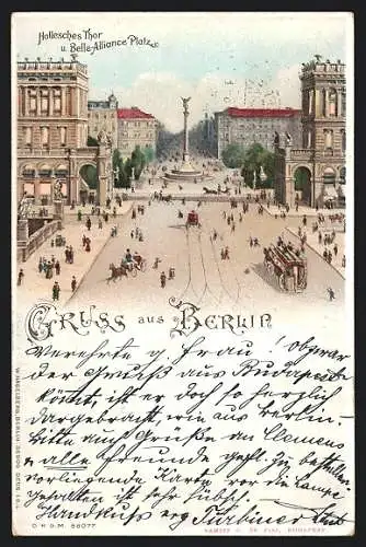 Lithographie Berlin, Hallesches Thor und Belle-Alliance Platz, Halt gegen das Licht: beleuchtete Fenster