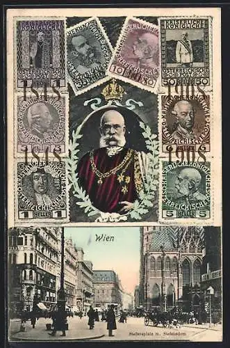 AK Wien, Stefansplatz mit Stefansdom, Kaiser Franz Josef I. von Österreich, österreichische Briefmarken