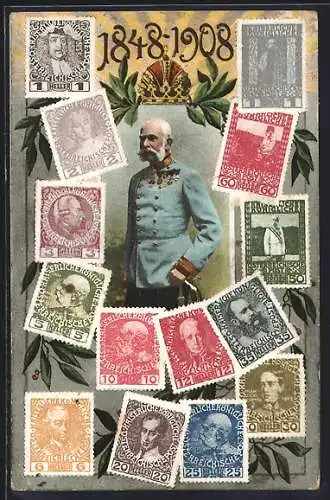 AK Kaiser Franz Josef I. von Österreich, 1848-1908, Briefmarken