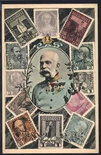 AK Kaiser Franz Josef I. von Österreich, Portrait und Briefmarken