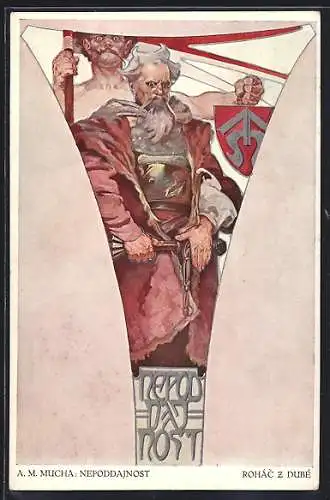 Künstler-AK Alphonse Mucha: Nepoddajnost, Krieger mit entschlossenem Blick