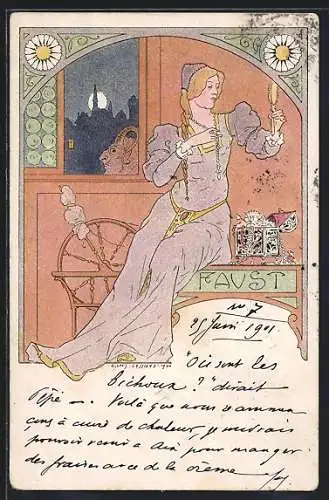 Künstler-AK Ernest Lessieux: Szene aus Goethes Faust, Gretchen mit Schmuck, Mephisto am Fenster, Jugendstil