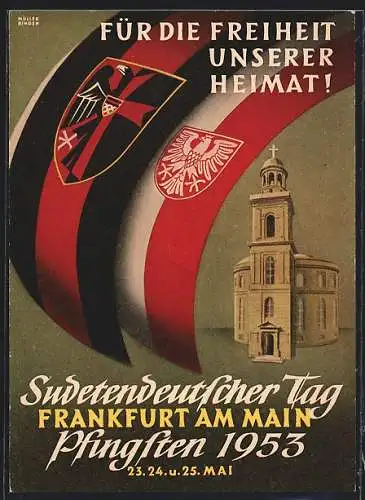 AK Frankfurt am Main, Sudetendeutscher Tag Pfingsten 1953, Fahnen, Heiligenhof in Bad Kissingen