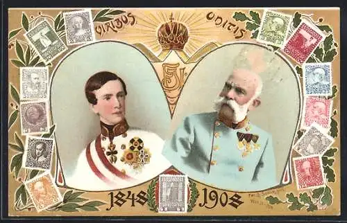 AK Kaiser Franz Josef I. von Österreich 1848 und 1908, Briefmarken