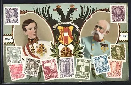 AK Kaiser Franz Josef I. von Österreich, Portraits aus den Jahren 1848 und 1908, Briefmarken