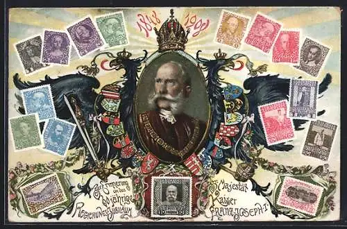 AK Portrait Kaiser Franz Josef I. von Österreich, Wappen, Briefmarken