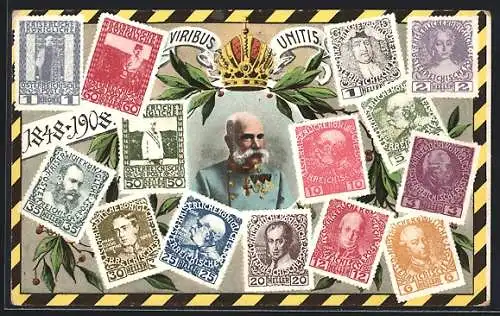 AK Briefmarken, Viribus Unitis Kaiser Franz Josef I. 1848-1908