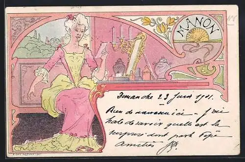 Künstler-AK Ernest Lessieux: Ältere Dame an ihrem Schminktisch, Jugendstil