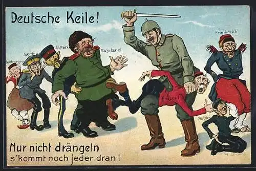 AK Deutscher Soldat verdrischt Soldaten der feindlichen Mächte, Propaganda 1. Weltkrieg